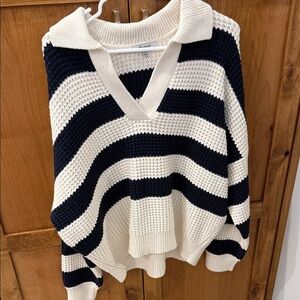 Madewell Navy and Cream Striped V-Neck Sweater